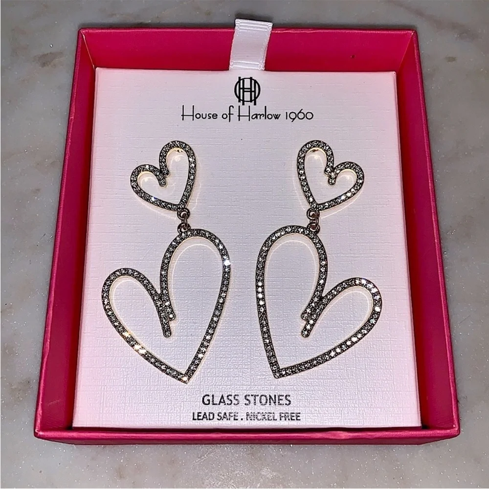 House of Harlow 1960 Gold Glass Stone Heart Earrings new in box